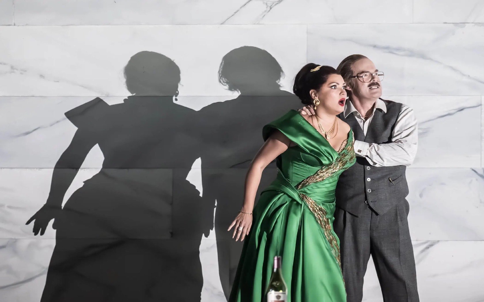 Anna Netrebko as Floria Tosca and Gerald Finley as Baron Scarpia in Oliver Mears' Tosca. Credit: The Royal Opera/ Marc Brenner