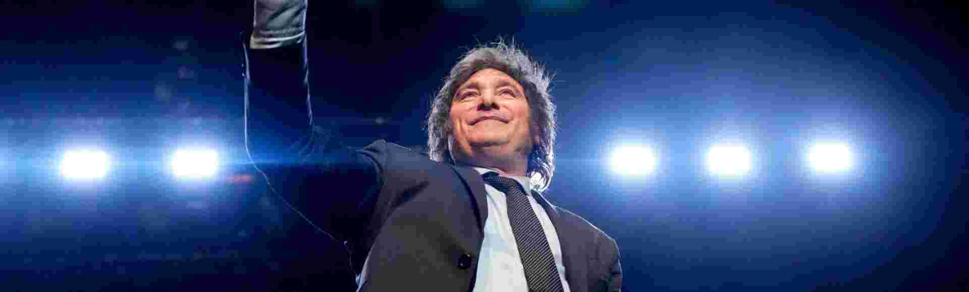 Javier Milei smiles at supporters during a campaign rally in Buenos Aires, Argentina.