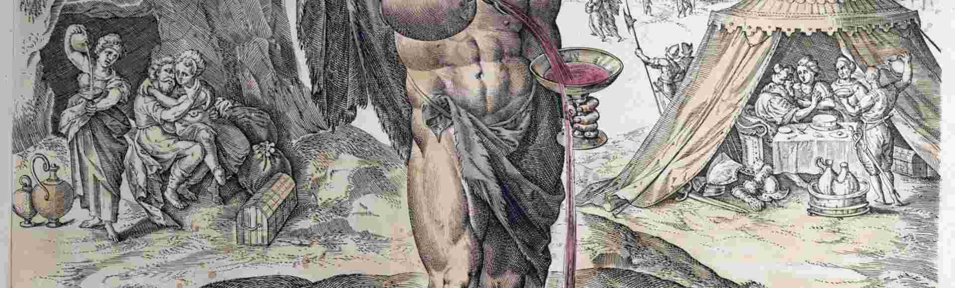 Dionysus, the Greek god of wine. An engraving after Ambrosius Francken, circa 1605.