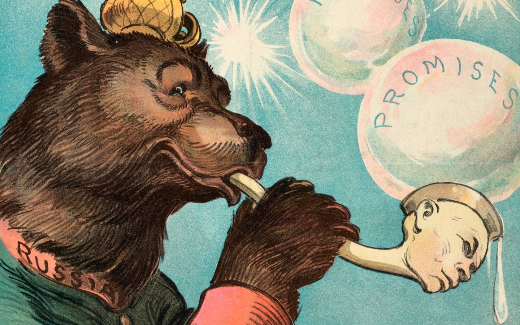 A political cartoon shows the Russian bear blowing soap bubbles labeled 'Promises' through a meerschaum pipe.