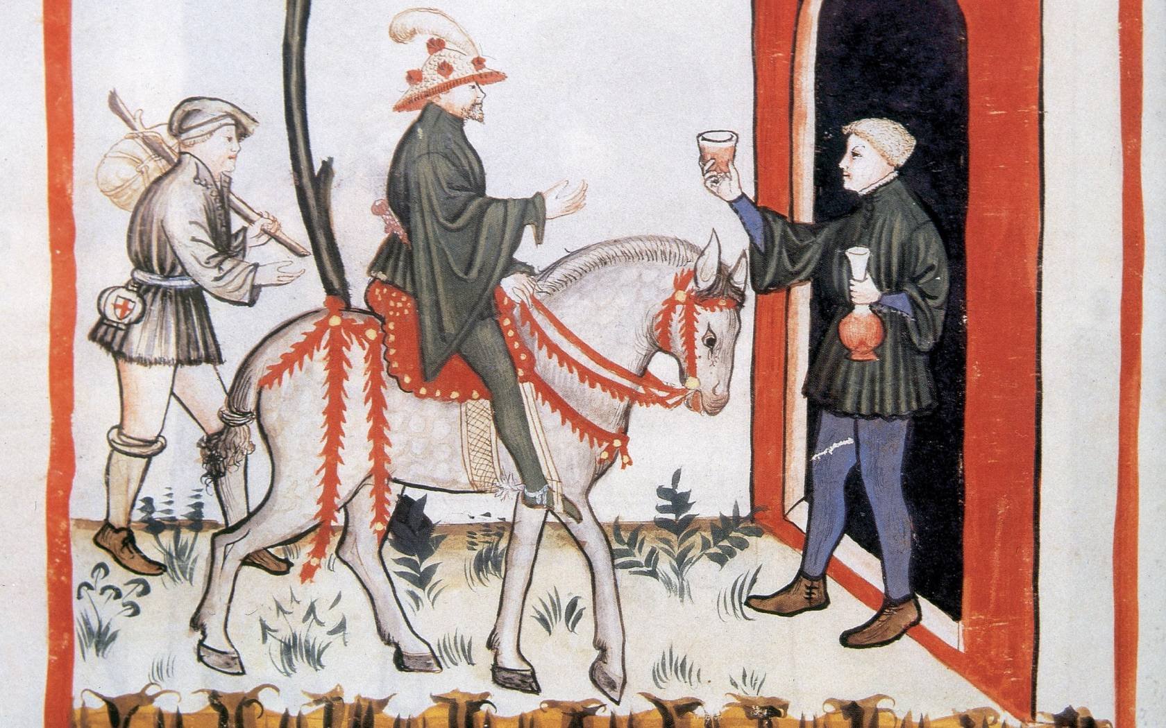 A servant offering wine to his master in the 14th-century).