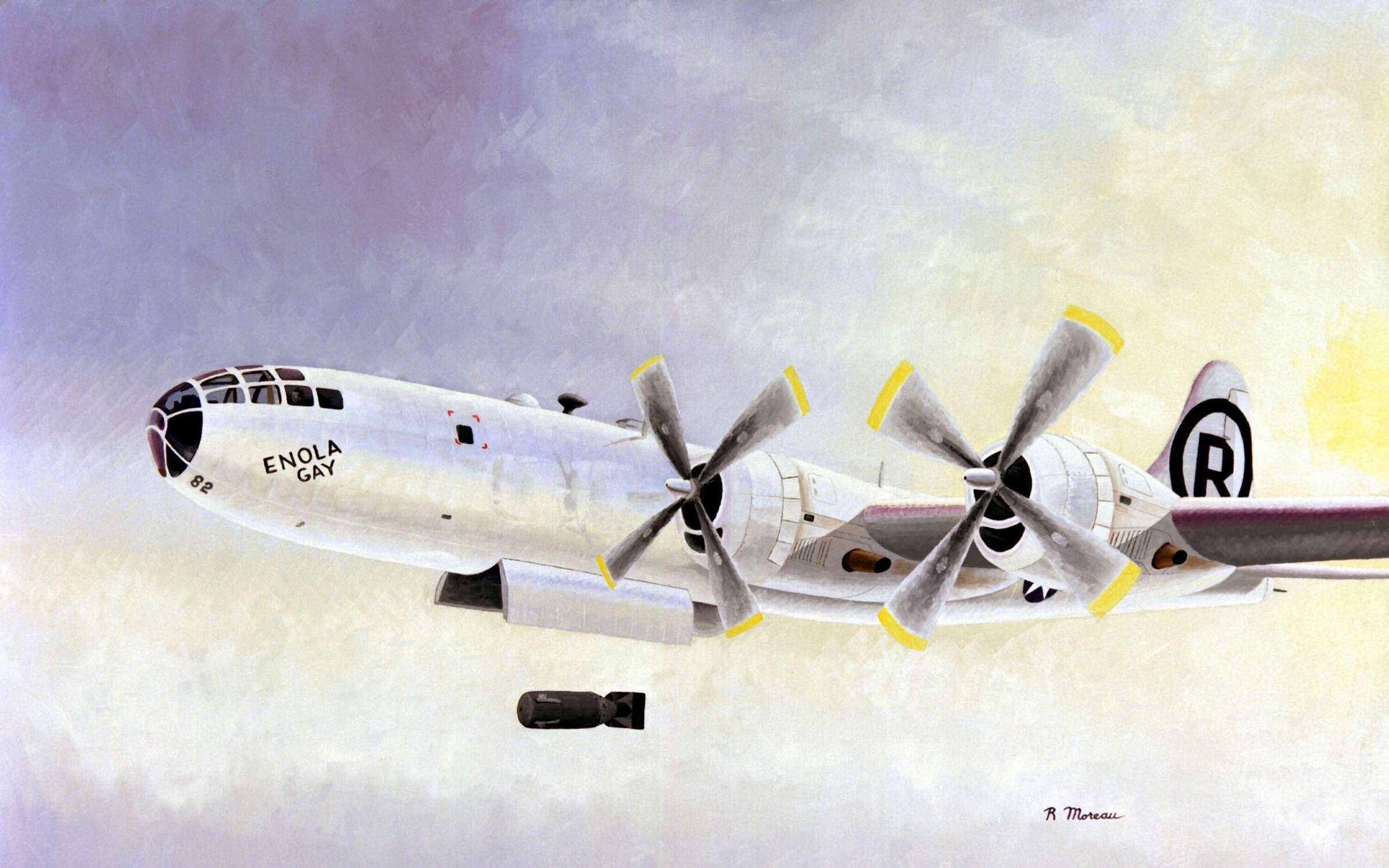 The Enola Gay, the B-29 bomber that delivered the atomic bomb dropped on Hiroshima in 1945, depicted in this painting by Bob Moreau