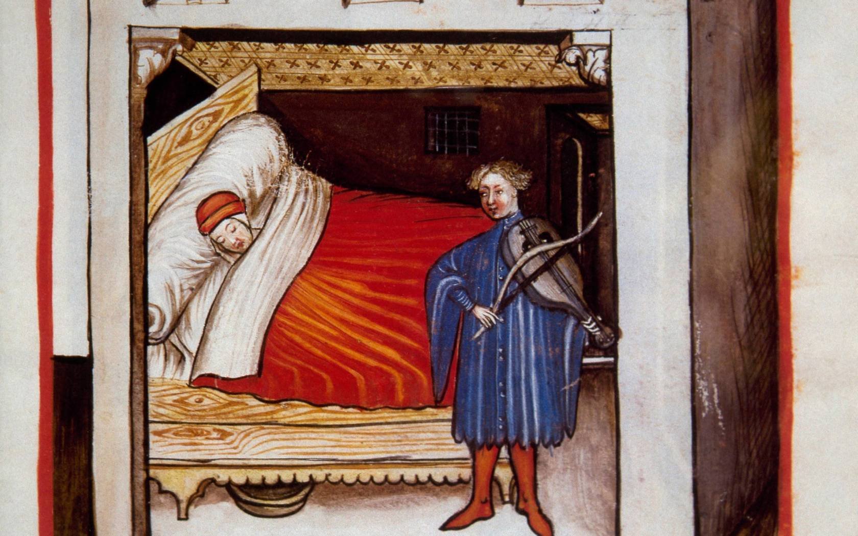 Sleep, 14th century. From Tacuinum Sanitatis Folio 100r, a medieval handbook on health.