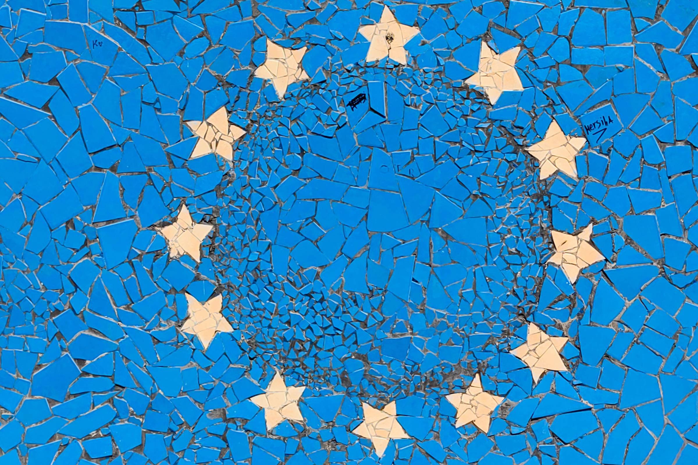 The European Union flag on a concrete wall.