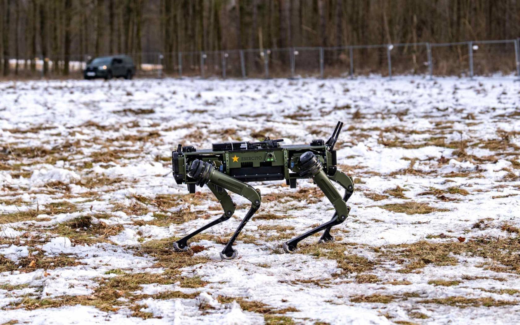 An Italian drone dog moves across the field during NATO exercise Steadfast Dart 26.
