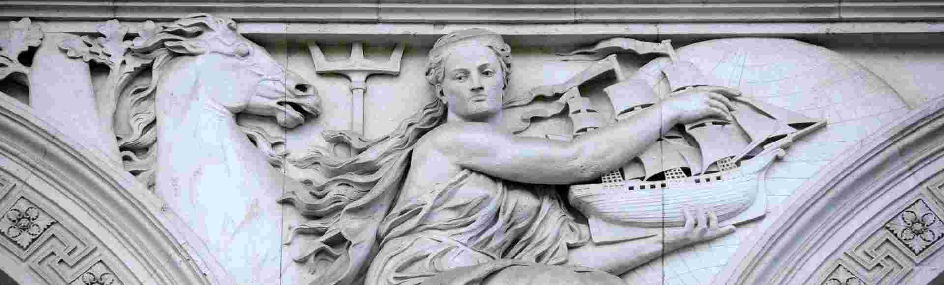 Allegorical sculpture depicting Europe on the façade of the Foreign, Commonwealth and Development Office in London, United Kingdom.