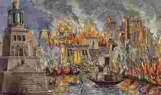 A Victorian print of the burning of the Library of Alexandria.