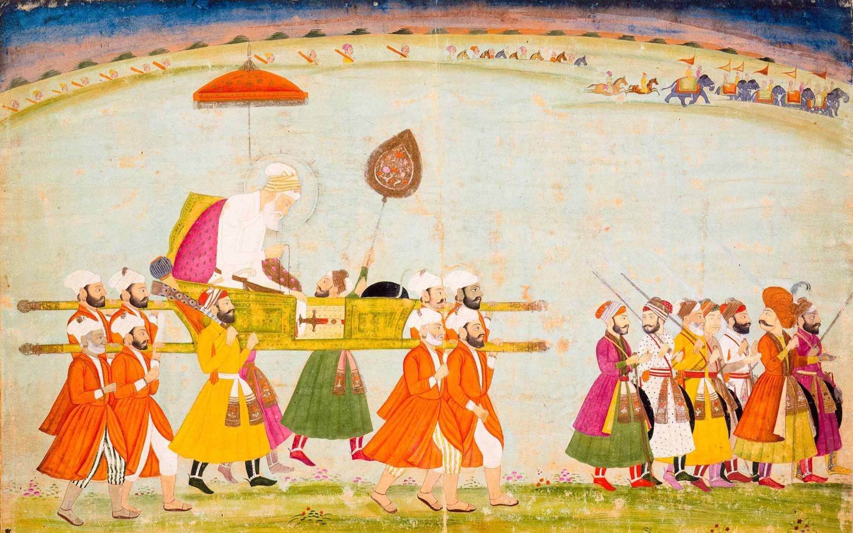 A Mughal painting from c. 1775 depicts the Emperor Aurangzeb ('Alamgir I), the sixth Mughal Emperor (1658-1707), being carried on a Palanquin.