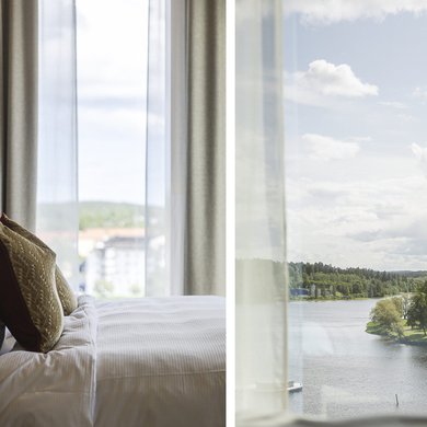 Säng med dekorkuddar och utsikten från ett superiorrum