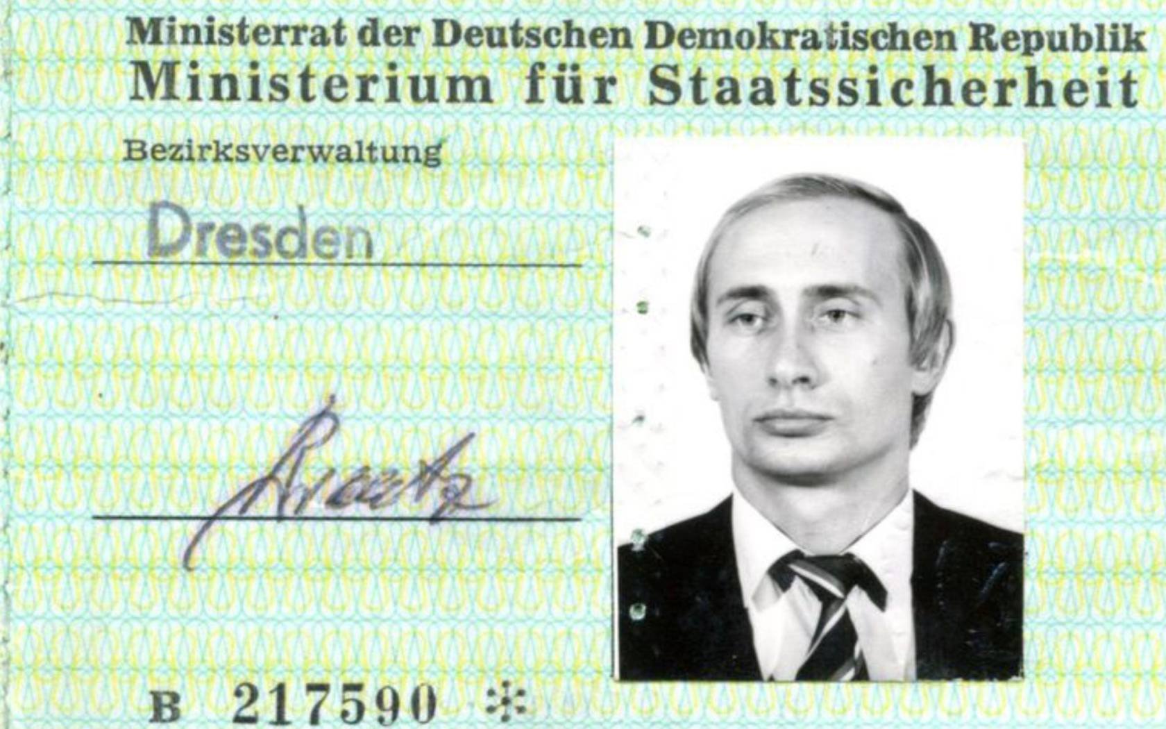 Vladimir Putin's East German Stasi identification card issued while he worked as a KGB agent in Dresden in 1985.