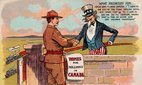 Uncle Sam and Jack Canuck at the Canada-US border.