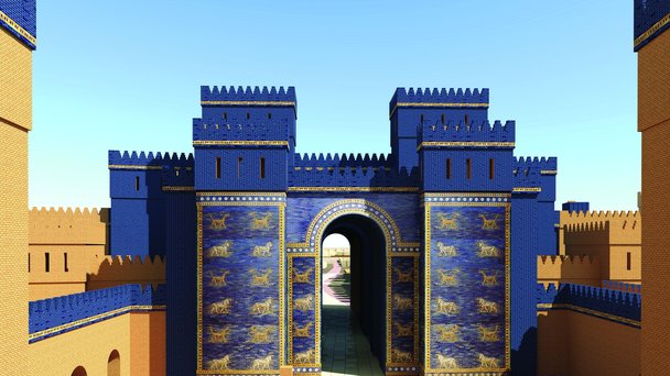 Ishtarporten med blåglaserat tegel och reliefer i sitt sammanhang på den översta Nebukadnessarnivån i den digitala Babylonmodellen. Porten är här högre än rekonstruktionen i Berlin. Bild: Olof Pedersén