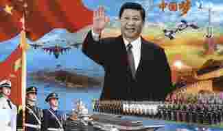 A 2013 poster of Xi Jinping which includes an aerial view of the disputed Diaoyu/Senkaku Islands and China&#039;s first aircraft carrier the Liaoning. Credit: Pictorial Press Ltd / Alamy Stock Photo