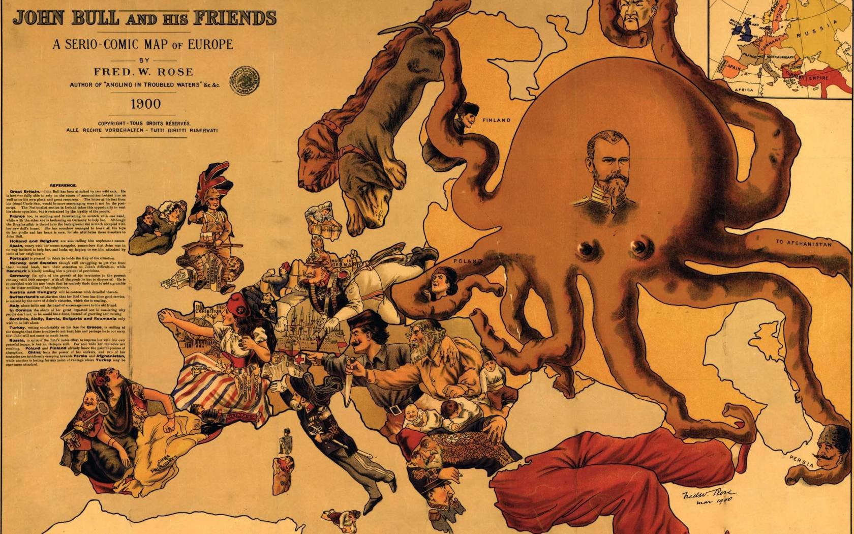 Caricature of European political relations titled 'John Bull and his friends, a serio-comic map of Europe' showing the Russian Empire as an octopus with tentacles reaching into Asia, France and Spain as attractive women, while Germany and Great Britain are military commanders, 1900. Illutsration by Frederick W. Rose.