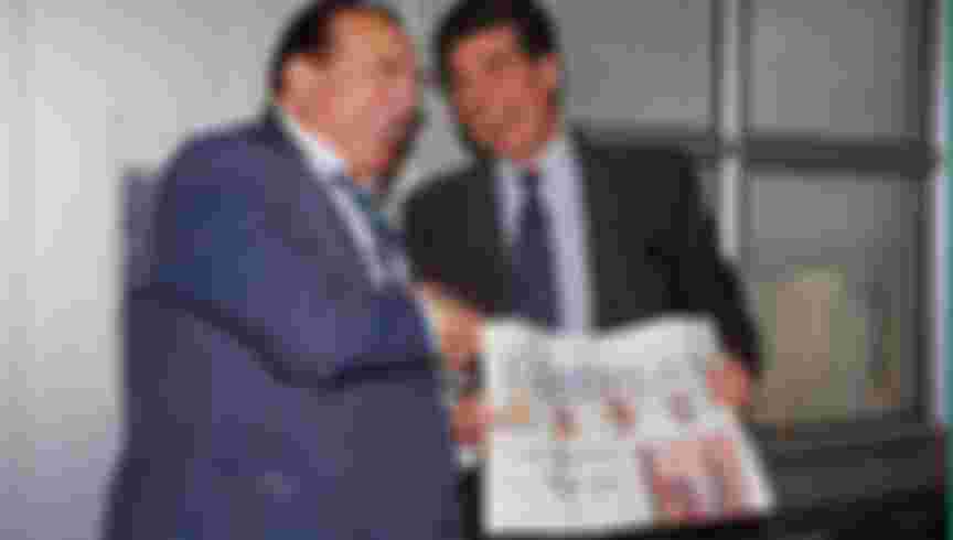 Robert Maxwell, left, celebrating the first edition of 'The European' in 1990 with Maurice Levy of Publicis. Credit: Michel Turpin / Sygma via Getty Images.