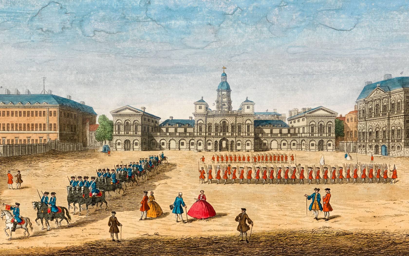 View of a military parade in Whitehall during the eighteenth century.
