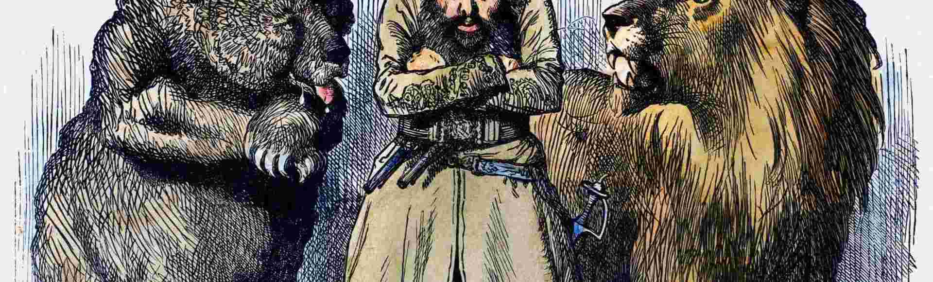 'Save Me From My Friends!' (1878) A satirical cartoon by Sir John Tenniel shows Amir Sher Ali of Afghanistan caught between the Russian bear and the British lion as each eyes the other with suspicion.