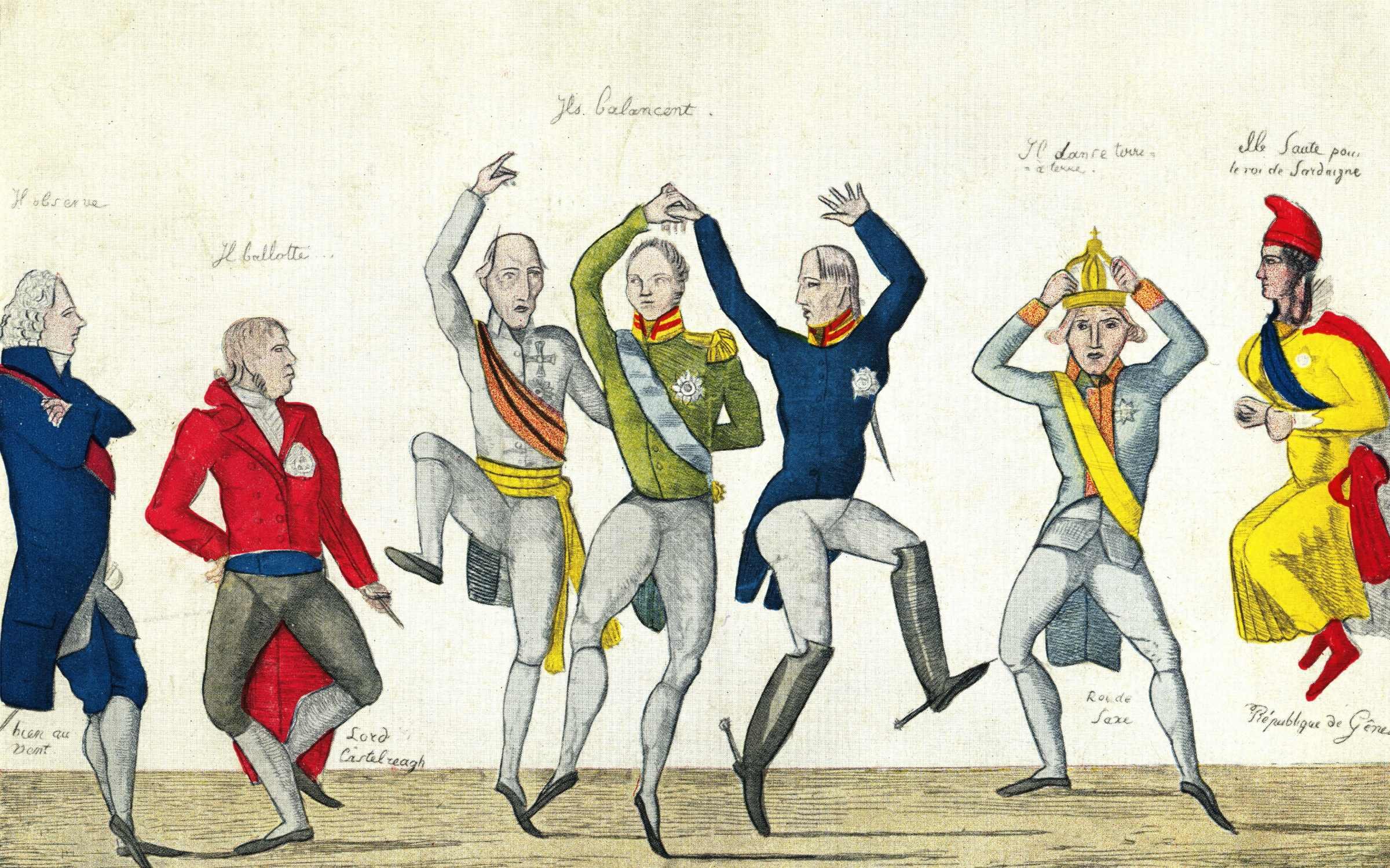 A 19th-century French caricature of the Congress of Vienna (1815).
