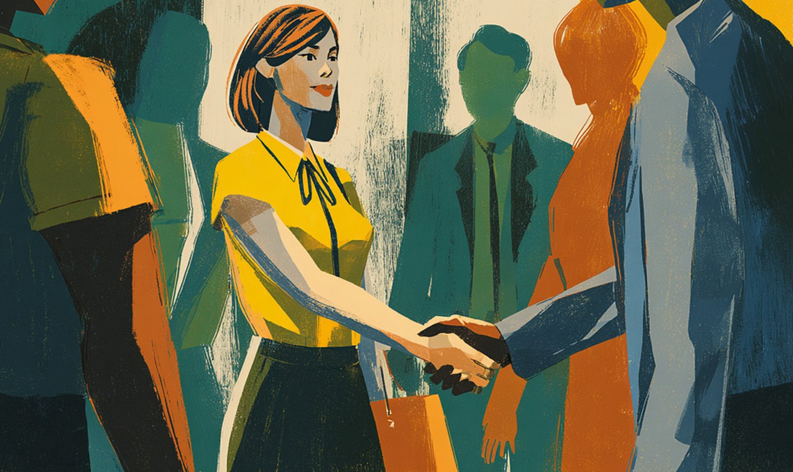 Illustration: kvinna p&aring; kontor skakar hand med kollegor.