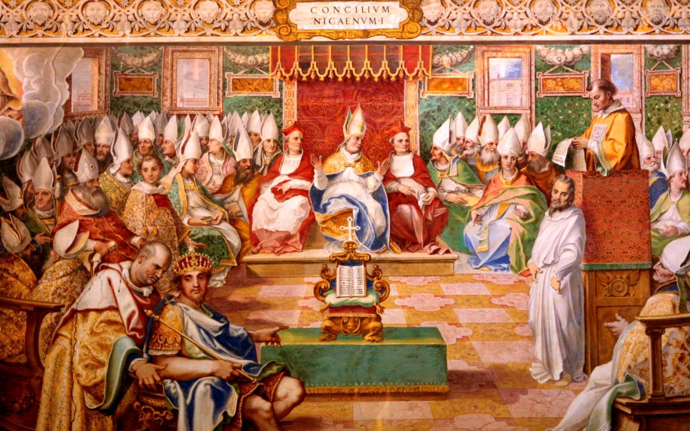 A fresco depicting the First Council of Nicaea from the Sistine hall of the Vatican Library.
