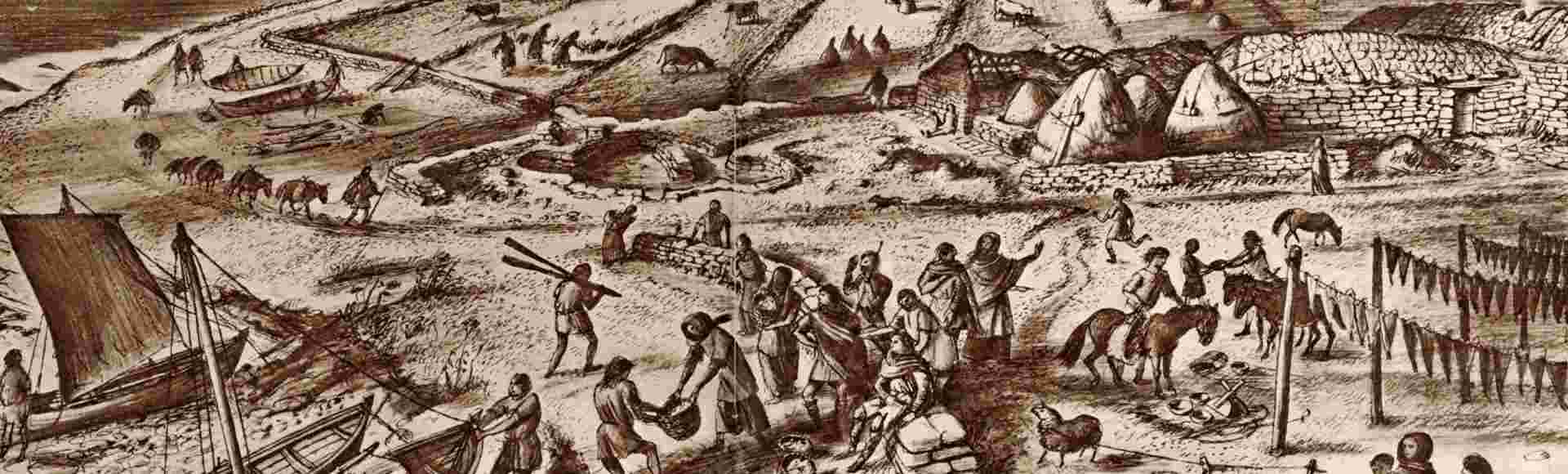 Alan Sorrell's reconstruction of the everyday life and activities of Vikings in the Jarlshof Settlement. Credit: Chronicle