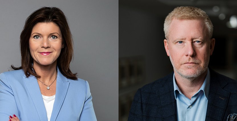 Arbetsmarknadsminister Eva Nordmark (S) och Peter Thomelius, chef för kompetensförsörjningen på Visita. Foto: Kristian Pohl/regeringskansliet + Visita