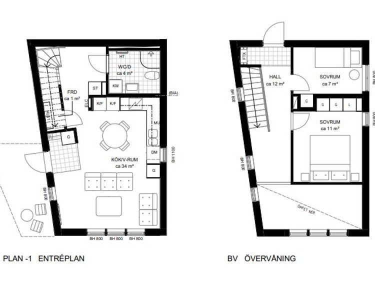 Två planritningar över en lägenhet med två sovrum. Beläget i fristående studiohus  hos Heba i Smedjan i Källberga Nynäshamn.