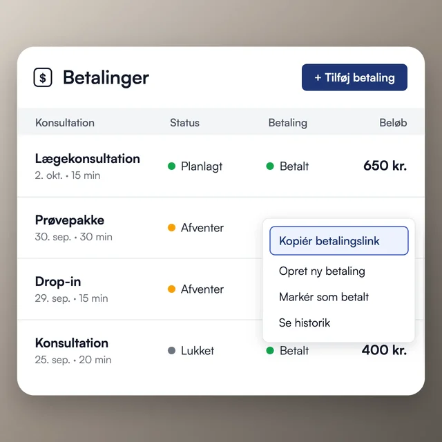 Betalingsoversigten i Curoflow med konsultationer, betalingsstatus og menu til at kopiere betalingslink