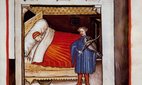 Sleep, 14th century. From Tacuinum Sanitatis Folio 100r, a medieval handbook on health.