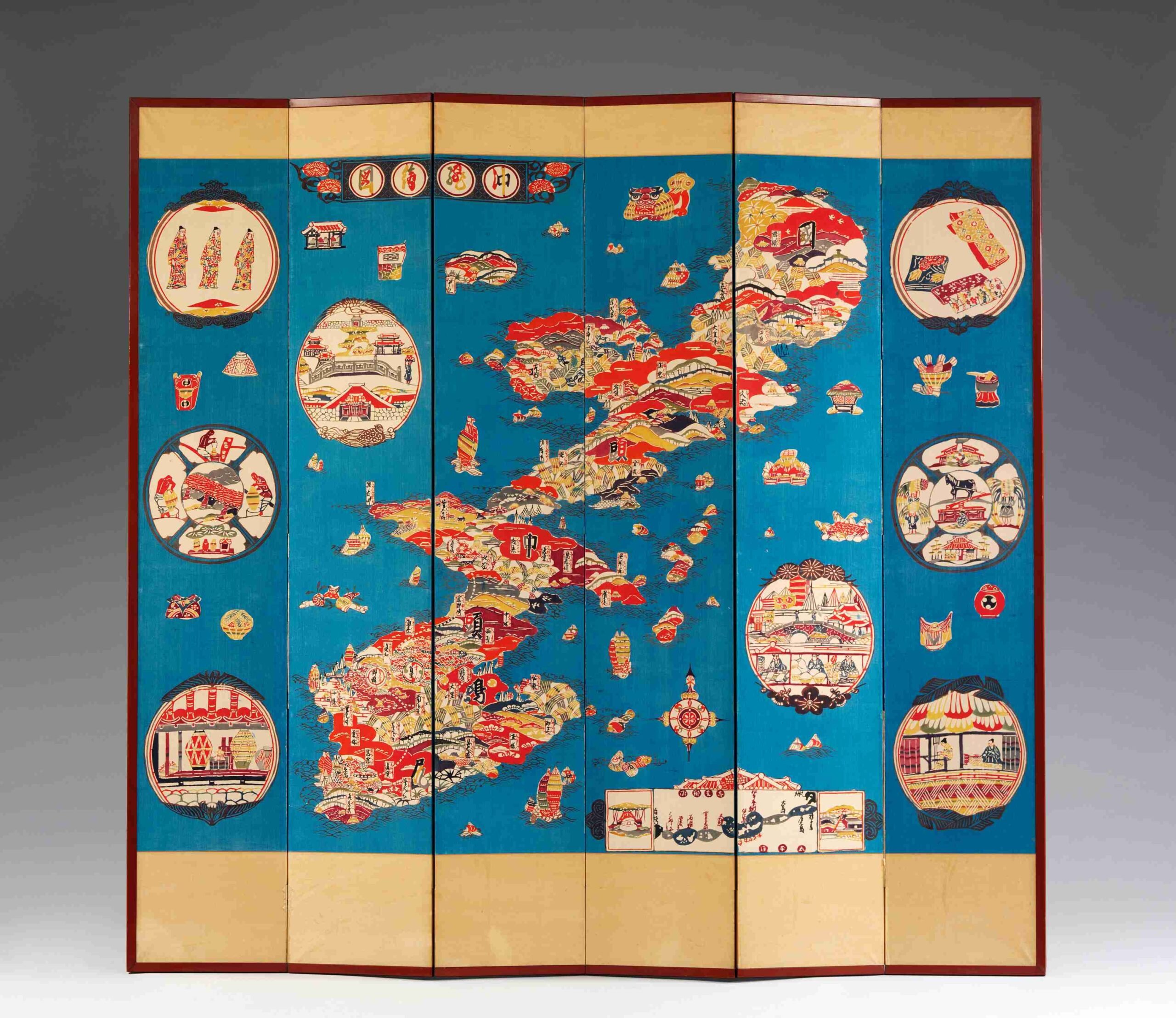 Six-fold screen, stencilled and resist-dyed silk on a wooden frame showing a map of Okinawa.