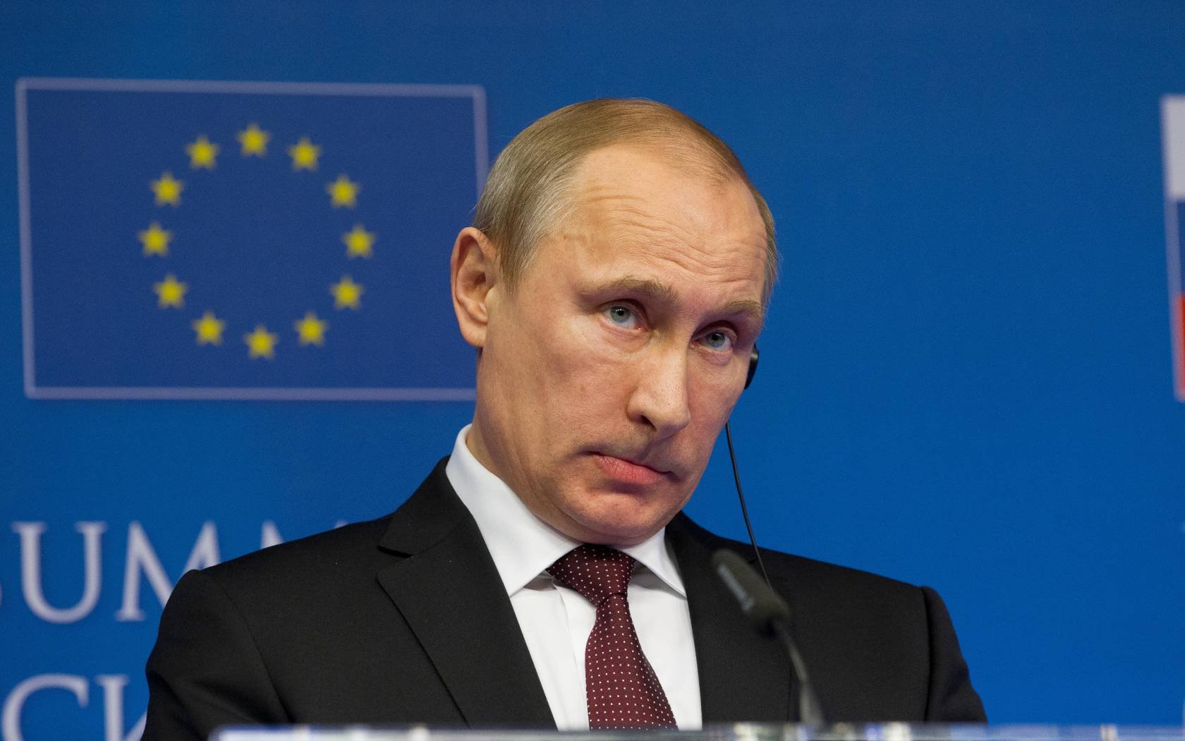 Vladimir Putin at an EU-Russia summit in Brussels