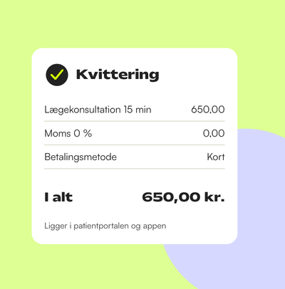 Kvittering med moms og betalingsmetode, der automatisk ligger i patientportalen