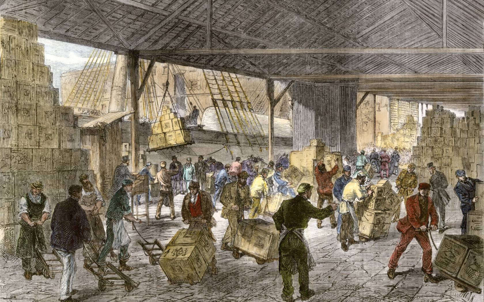 Unloading cargo ships in the British East India Company docks in 19th century London. Hand-colored woodcut