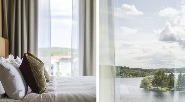 Säng med dekorkuddar och utsikten från ett superiorrum