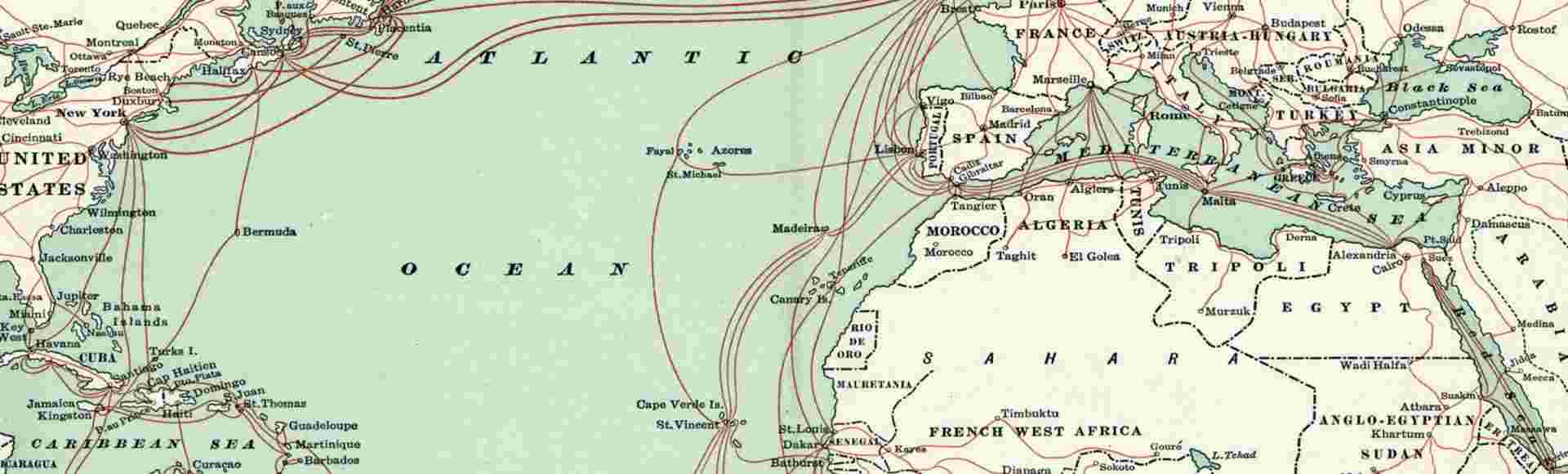 Western Union map showing routes of undersea telegraph cables in 1900.