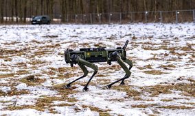 An Italian drone dog moves across the field during NATO exercise Steadfast Dart 26.