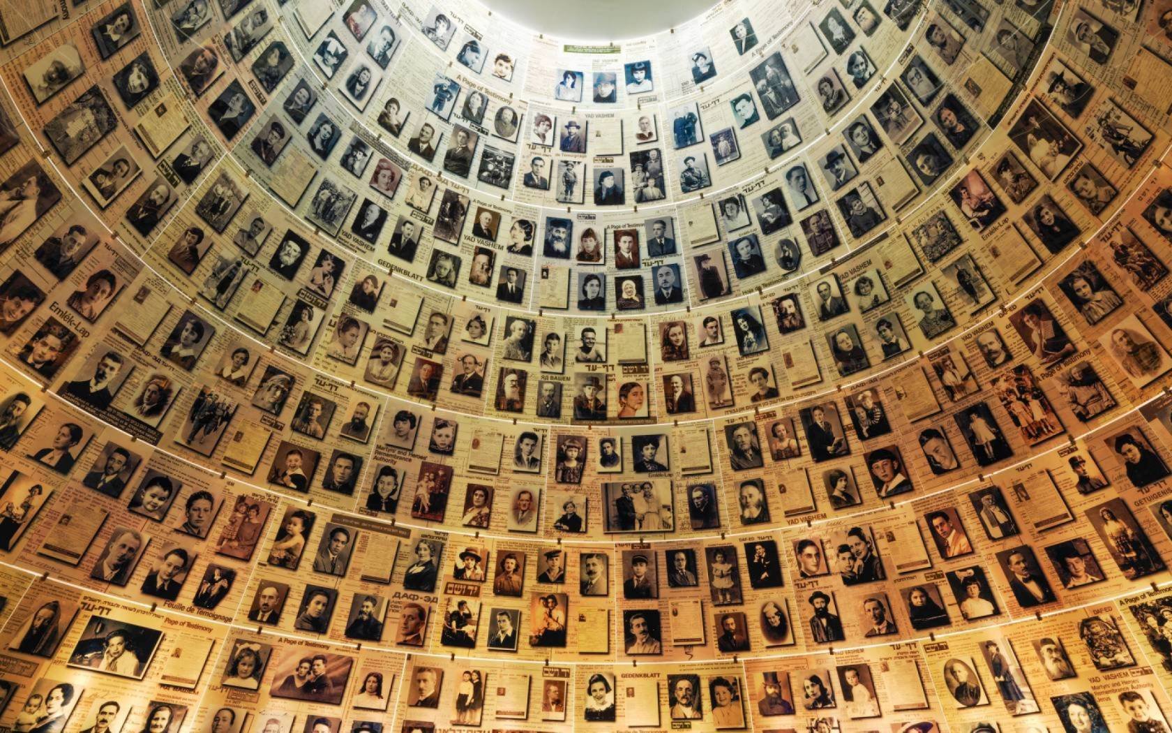 Yad Vashem, Hall of Names, photographs of victims of the Holocaust lining a circular wall, Jerusalem, Israel.