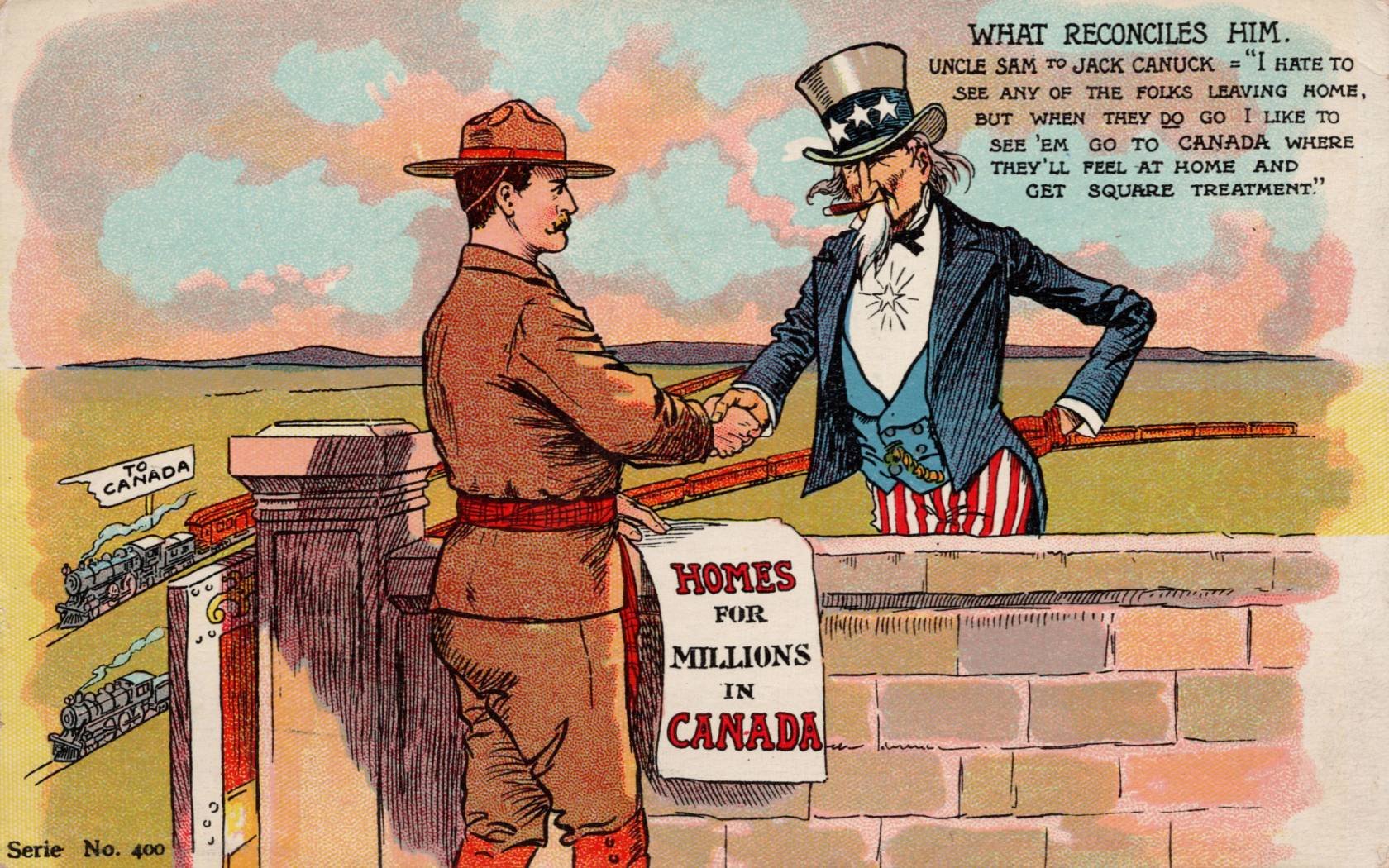 Uncle Sam and Jack Canuck at the Canada-US border.