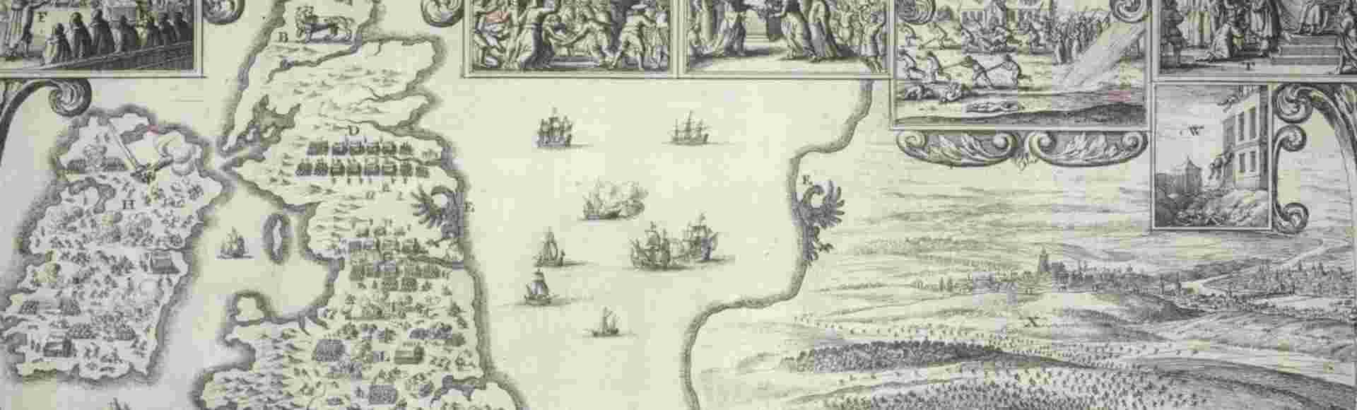 Wenceslas Hollar's map of England with scenes from the beginning of the Civil War.