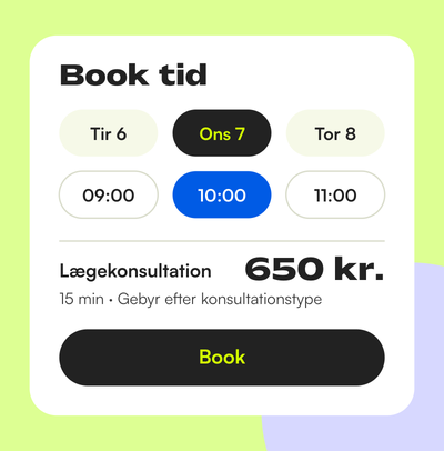 Bookingvisning hvor patienten vælger dag og tid til lægekonsultation