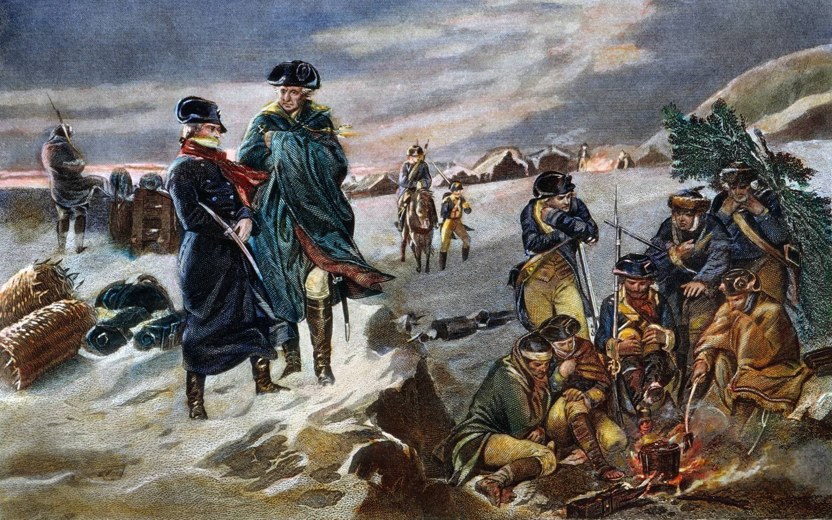 An engraving of George Washington with Lafayette at Valley Forge.