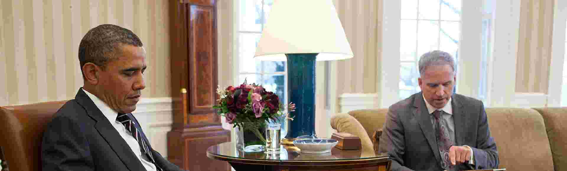 President Barack Obama receives the President's Daily Briefing from Robert Cardillo, Deputy Director of National Intelligence for Intelligence Integration, in the Oval Office of the White House January 31, 2012.