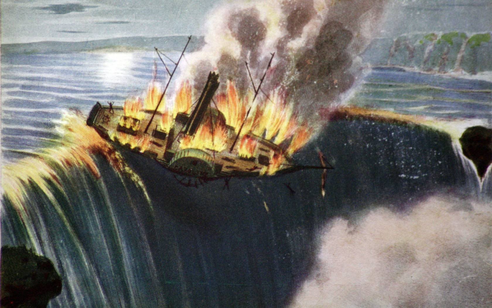 The steamer 'Caroline' drifting over Niagara Falls in 1837.