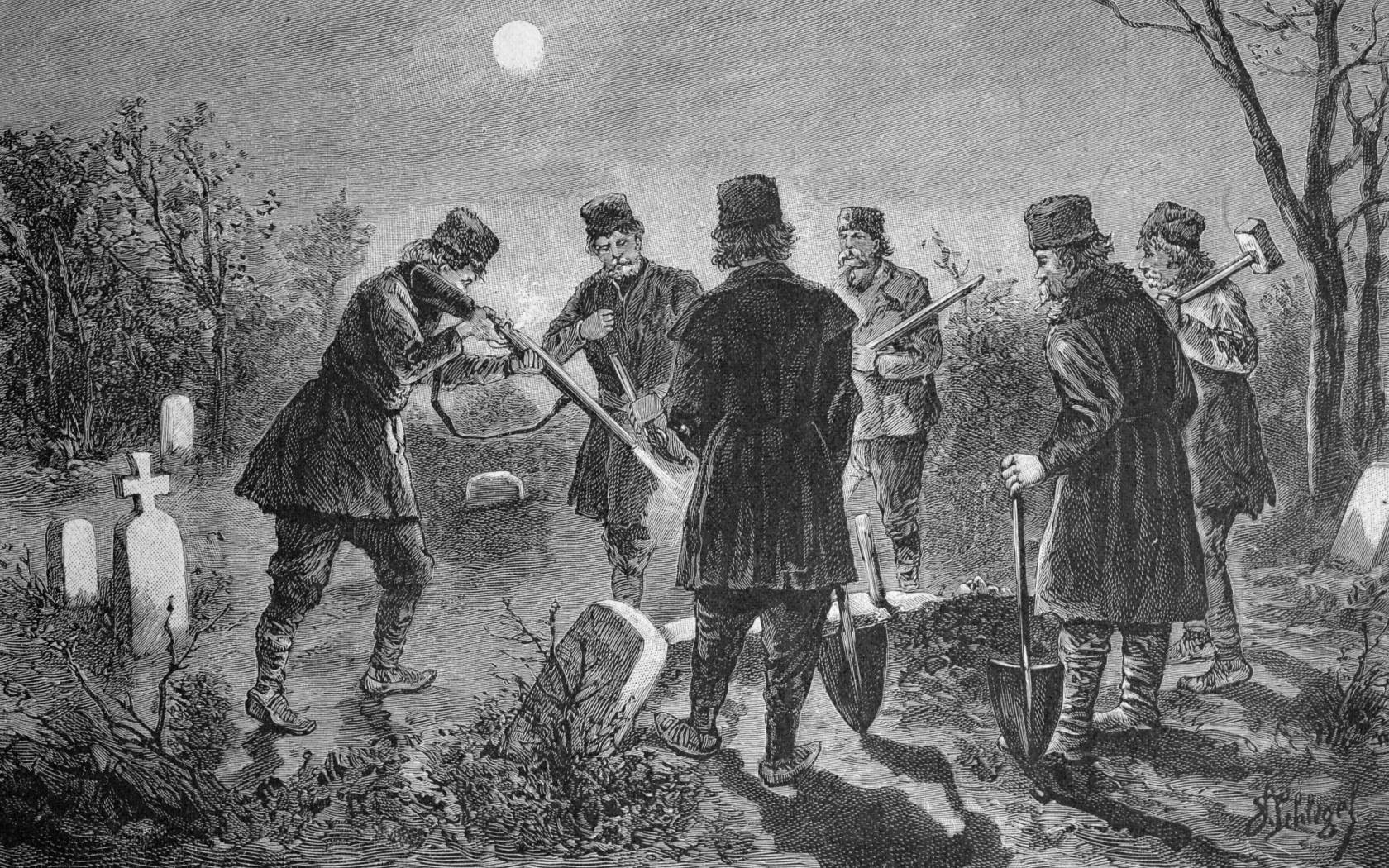 Men attempting to kill a vampire in Romania in the late 19th century.