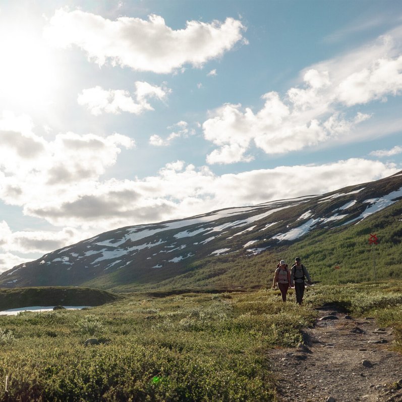 tv&aring; vandrare g&aring;r bland soliga fj&auml;lltoppar