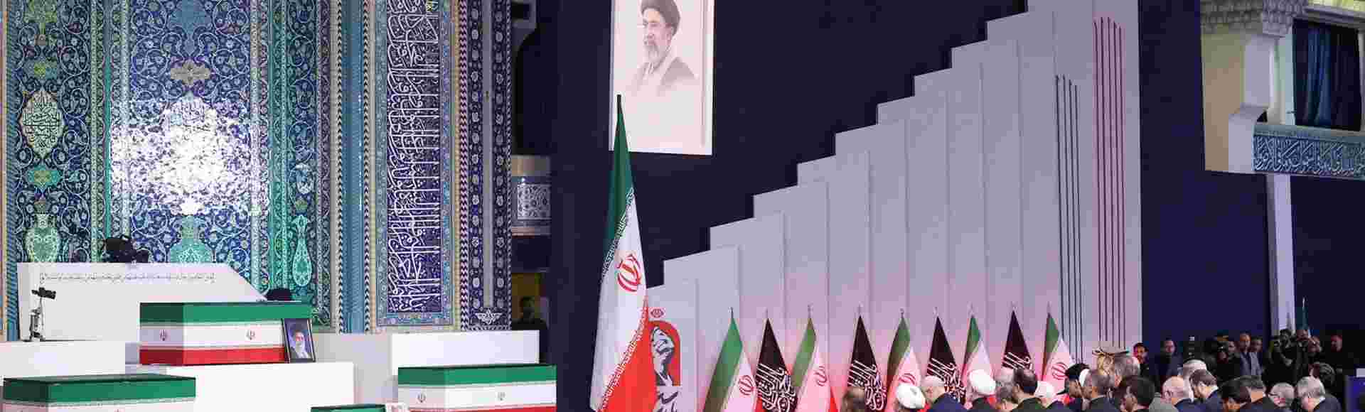 Foreign and domestic officials pay their respects before the coffins of the late Iranian Supreme Leader Ayatollah Ali Khamenei and members of his family in Tehran on 3 July. Credit: UPI